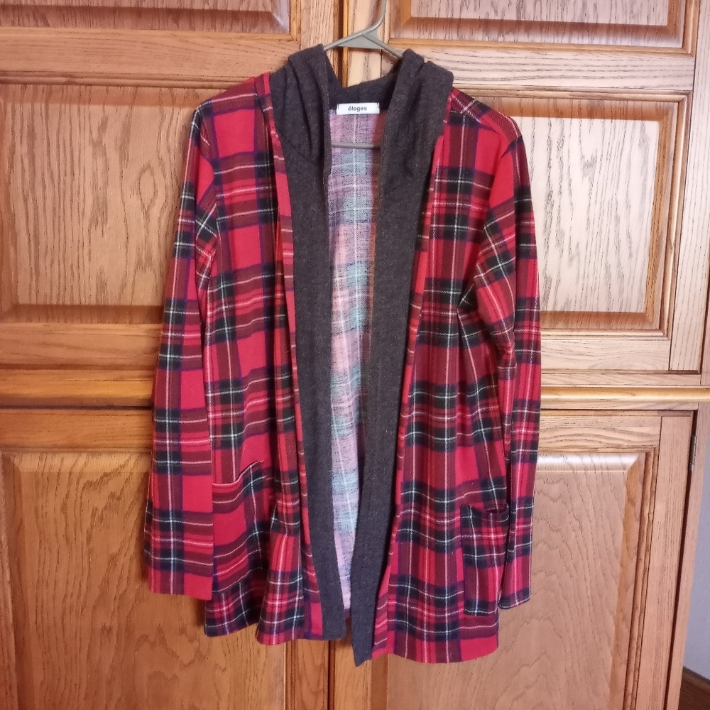 Red Plaid Open Front Cardigan with Hood